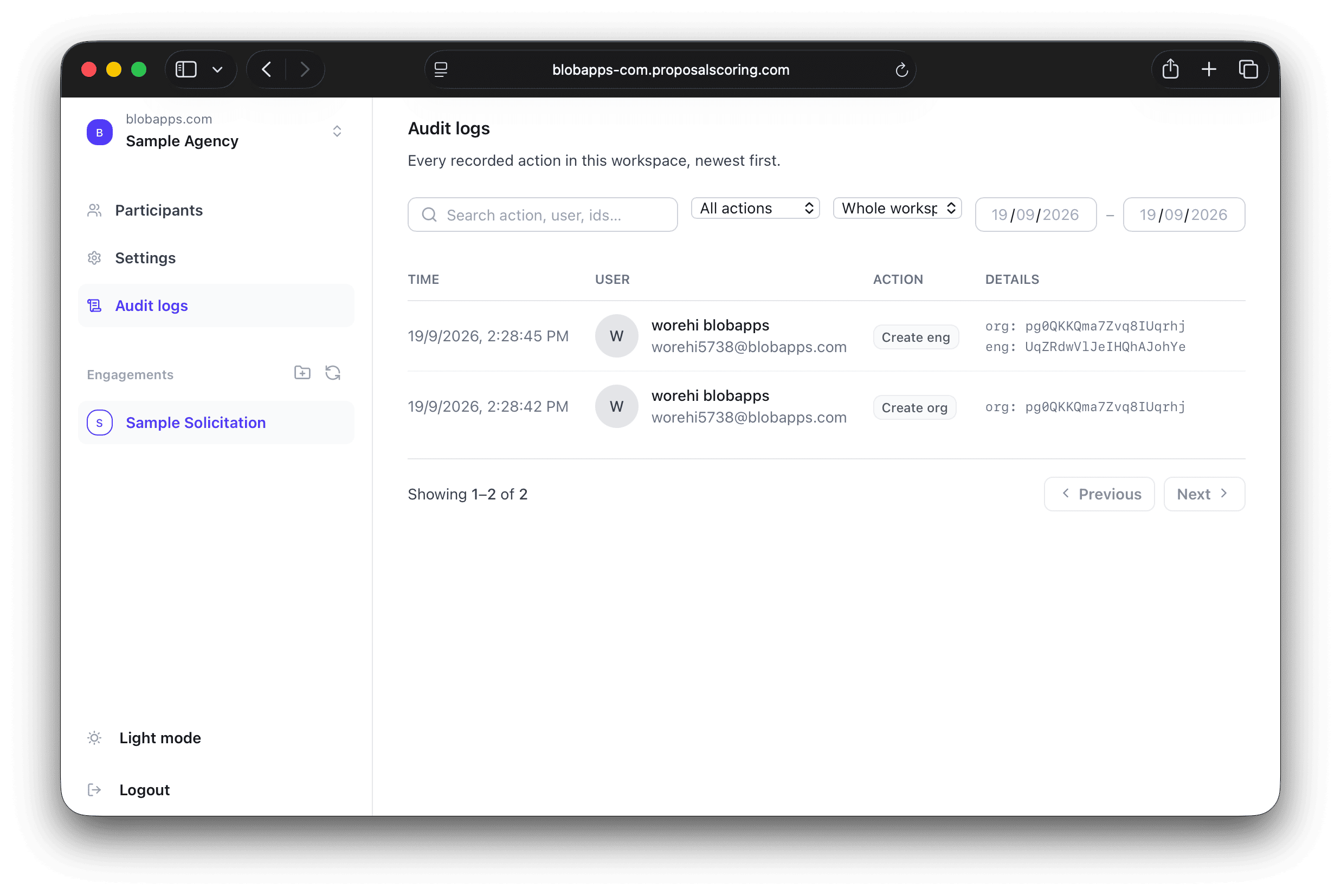Audit log screen listing every recorded action in the workspace, newest first