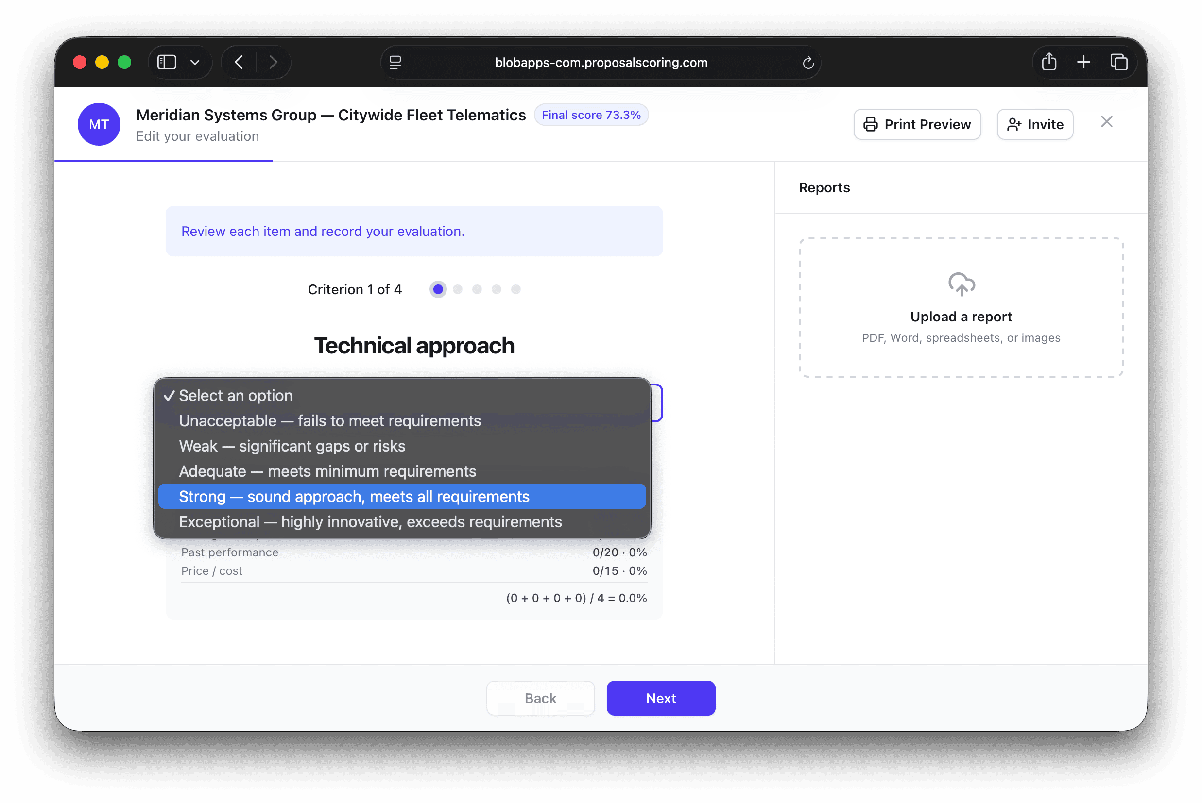 Evaluation screen scoring a proposal's technical approach, with the score updating live